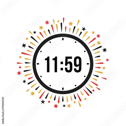New year countdown clock 11:59 pm with festive fireworks celebration Vector, illustration