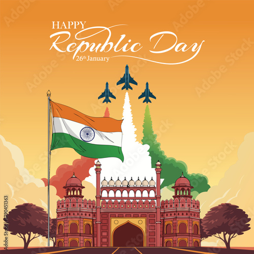 Indian republic Day celebrations with 26th January India. RED FORT DELHI INDIA WITH INDIA FLAG FLYING HIGH.