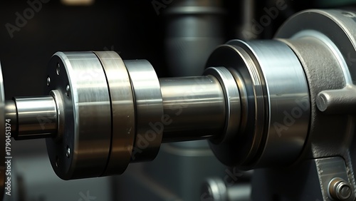 mandrel. A conical metal lathe mandrel rotating with an unfinished tube sleeve fitted over it. safety posters, maintenance manuals, designed for precision metalworking and fabrication facilities.