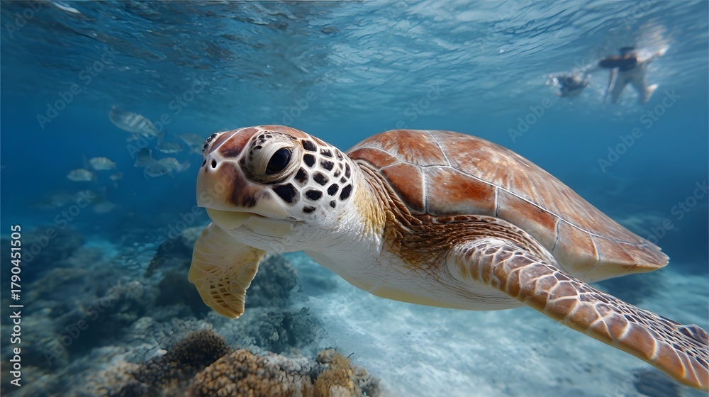 Fototapeta premium A sea turtle gracefully swims through clear blue ocean water near a coral reef with snorkelers visible in the distance
