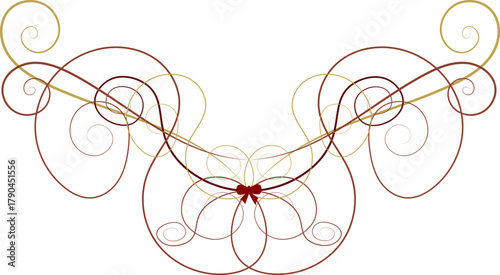 An elegant, ornate vector decorative ornament featuring a symmetrical arrangement of swirling gold and deep burgundy flourishes, centered by a tiny festive ribbon bow.