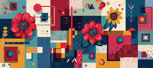 Whimsical floral arrangement with geometric shapes and vibrant colors in a modern and abstract design