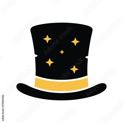 Black top hat with gold band and stars, magician hat icon, magic symbol Vector, illustration
