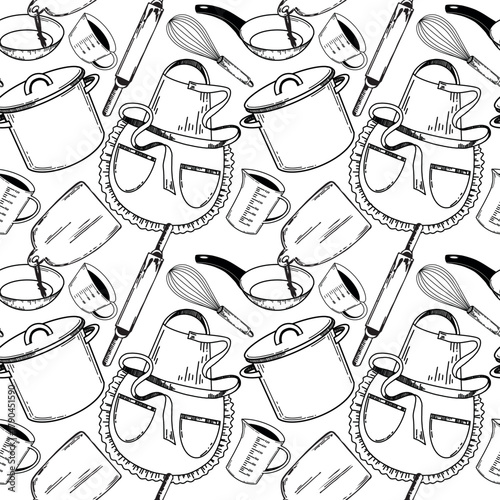 A seamless vector pattern on the theme of the kitchen, a cooking apron, a fire pit, a frying pan, a rolling pin, other kitchen utensils hand-drawn. For printing on kitchen textiles, kitchen packaging.