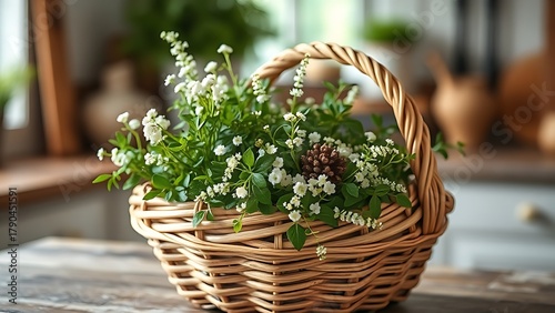 woodruff. Woven wooden basket filled with freshly picked woodruff herbs in a rustic kitchen. menu design, packaging mockups, designed for culinary blogs and recipe cards for restaurants.