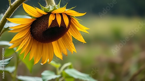 laurate. Sunflower drooping after a storm with rain droplets on its petals. gardening catalogs, home-decor guides, designed for home decor and floral branding, celebrates nature.