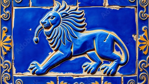 ishtar. Glazed brick relief of a lion against lapis lazuli blue background with gold accents, intricate patterns. event programs.