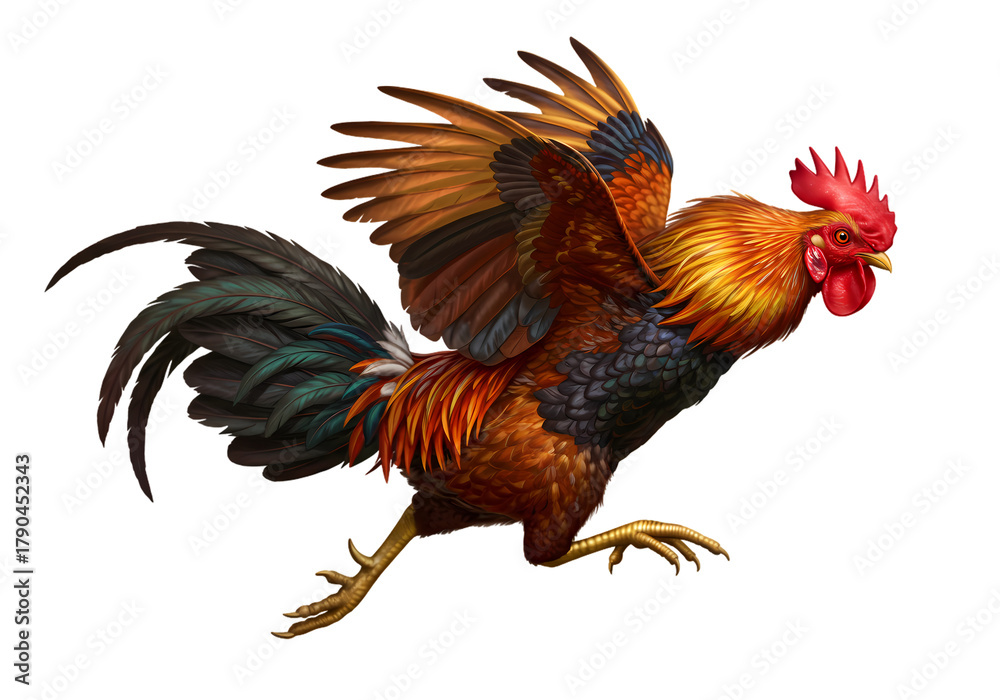 Fototapeta premium Vibrant Rooster Fowl Bird in Action on white background