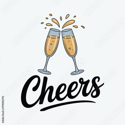 Two champagne flutes clinking with golden liquid splashing and the word Cheers in black script glasses.