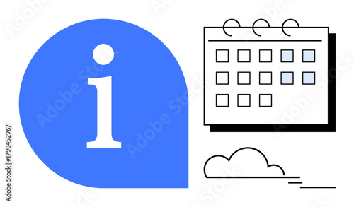 Blue information icon beside a calendar grid and a cloud. Ideal for scheduling, organization, events, reminders, time management, education, customer support. A simple flat metaphor