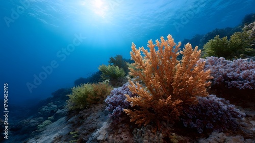 Fototapeta Naklejka Na Ścianę i Meble -  A vibrant diverse coral reef showcases an array of colorful formations illuminated by warm sunbeams piercing the deep blue ocean