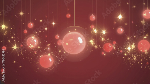 Red glowing orbs and golden light particles cascade softly across dark red background