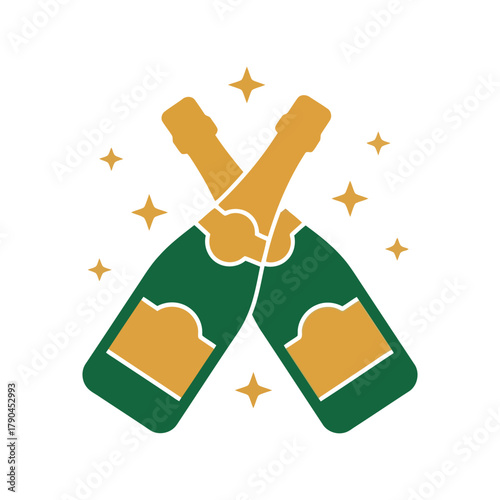 Champagne bottles crossed with sparkling stars, celebratory graphic, festive vector art Vector, illustration