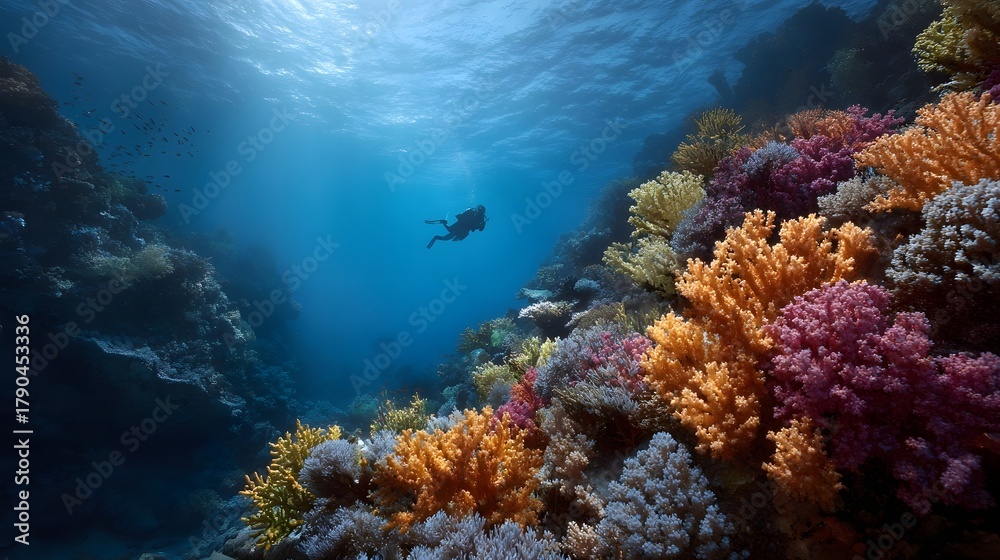 Obraz premium A scuba diver explores a vibrant coral reef in the deep blue ocean