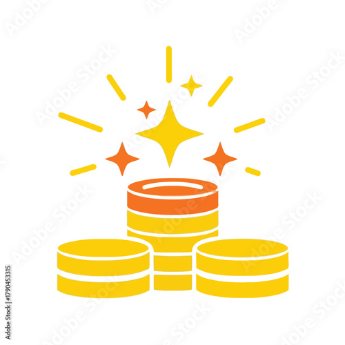 Golden coin stacks with sparkling stars icon   success and wealth concept Vector, illustration