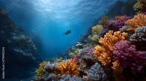 Fototapeta Naklejka Na Ścianę i Meble -  A scuba diver explores a vibrant coral reef in the deep blue ocean