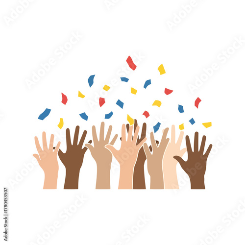 Diverse hands celebrating with colorful confetti, unity and success concept Vector, illustration