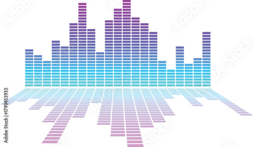 Vibrant blue and purple equalizer bars on white background create a modern digital music wave illustration. Abstract sound spectrum design symbolizing rhythm, motion, and frequency. Ideal visual for a