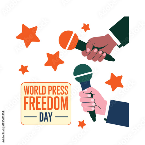 Two hands holding microphones with orange stars and World Press Freedom Day text vector.