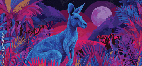 Kangaroo sitting in a forest under the moonlight with plants and trees in the night
