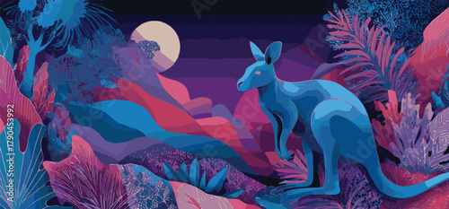 A blue kangaroo stands tall amidst a vibrant, fantastical landscape under the glow of a full moon, creating a surreal scene