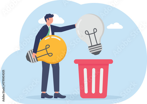 concept of Frustrated businessman throws lightbulb ideas into a bin full of junk ideas
