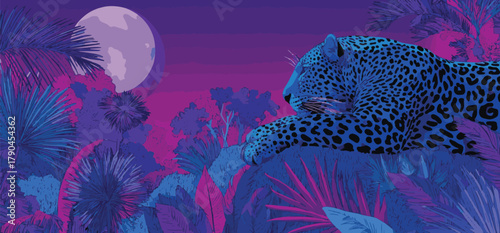 A blue jaguar rests gracefully in a vibrant jungle under the moonlight, evoking a sense of calm and exotic beauty