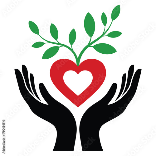 Nurturing Love and Growth: A heartfelt depiction of two hands cradling a vibrant red heart, from which a green plant sprouts symbolizing care and development. A potent emblem of growth, life.