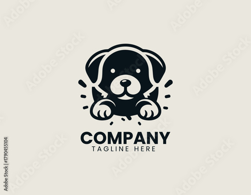 Cute puppy coming out of hole black vector logo illustration
