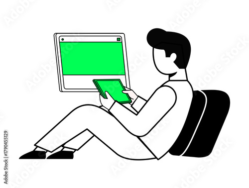 Person sitting with a tablet and a laptop with green screens.