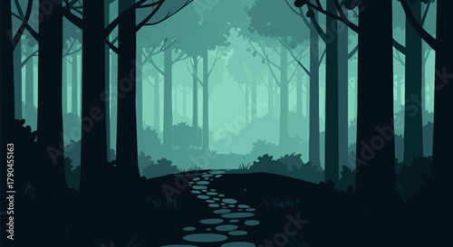 Path through a Tranquil Forest with Towering Trees and a Misty Atmosphere