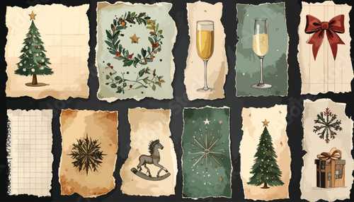 Vintage holiday designs on aged paper over a dark backdrop