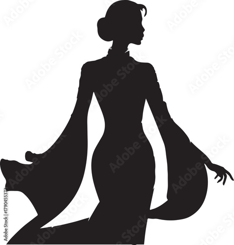 An illustration of a 1800s female silhouette dressed in a Chinese qipao gown. The woman has her hair in a bun.