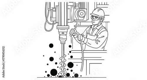 A skilled industrial worker, wearing protective gear, diligently operates a heavy-duty drill press, creating precise holes in a manufacturing workshop environment.
