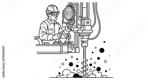 An industrial worker wearing protective gear operates heavy machinery, skillfully drilling into a surface, generating debris in this detailed line art illustration.