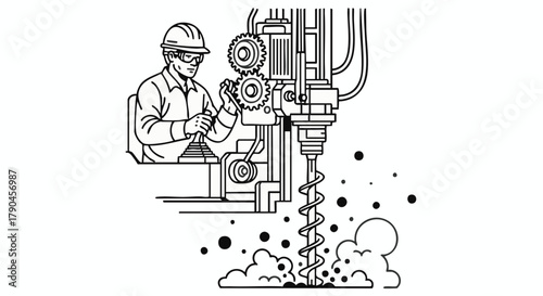 An illustration of a dedicated worker wearing a hard hat and safety glasses, expertly operating a powerful industrial drilling rig, creating dust and debris during a vital excavation.