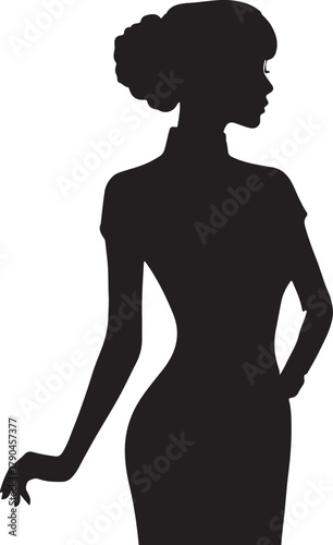 A black silhouette of a Chinese female wearing a qipao dress, reminiscent of the 1800s fashion style.