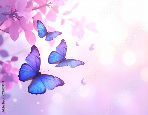 Blue butterflies flying in soft pink floral background, generative AI illustration