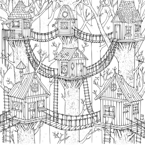 Black and White Line Art of Multiple Treehouses Connected by Rope Bridges, Playful and Intricate Forest Illustration