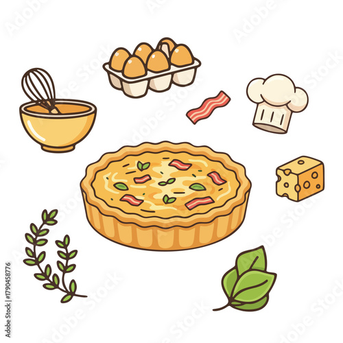 Cartoon Quiche Lorraine with Eggs, Bacon, Cheese, and Herbs Illustration