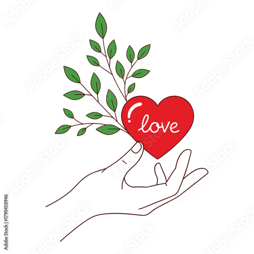 Love in Bloom: A delicate hand tenderly cradles a vibrant red heart, intertwined with flourishing green leaves, symbolizing growth and affection.