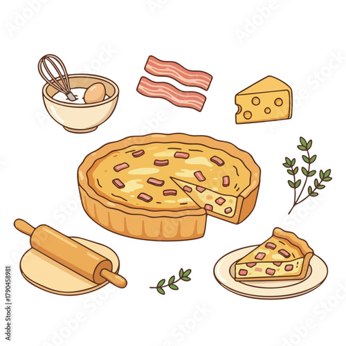 Cartoon Quiche Lorraine with Cheese, Bacon, and Baking Ingredients Illustration
