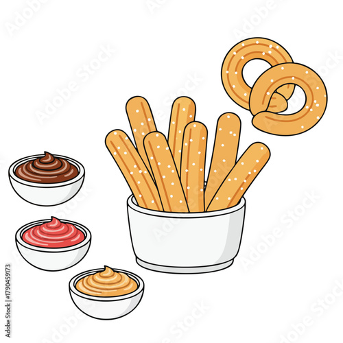 Cartoon Churros with Assorted Dipping Sauces Illustration