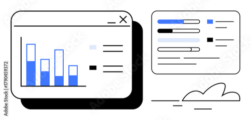 Bar chart window and progress bars with text lines, cloud element. Ideal for business, analytics, technology, progress, statistics, reporting strategy. Simple flat metaphor