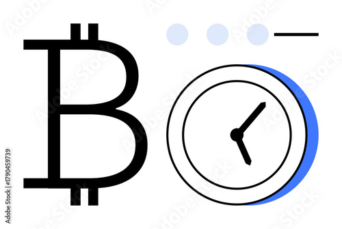 Bitcoin symbol beside a clock with clean lines and a minimalist design. Ideal for cryptocurrency, blockchain, time management, investment, finance, technology, future. Simple flat metaphor