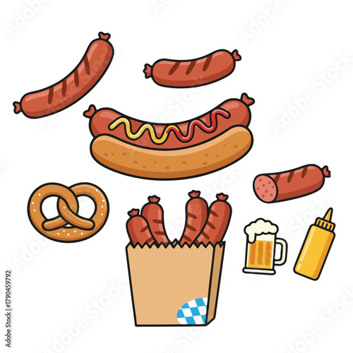 Cartoon Sausage and Hot Dog Set with Pretzel, Beer, and Mustard Illustration