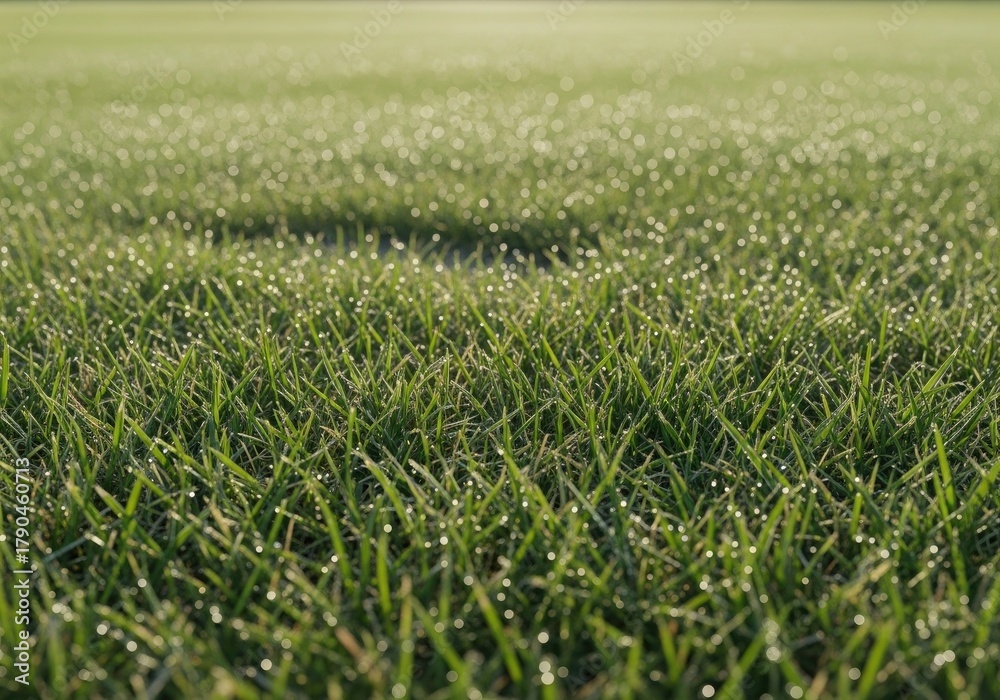 Obraz premium Close up of fresh green grass with dew drops on lawn in early morning with light sparkling against clear atmosphere