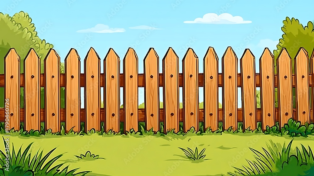 Obraz premium Cartoon wooden fence in a grassy yard under a clear blue sky