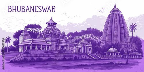 Bhubaneswar Skyline Sketch with Cultural Touch, Featuring Lingaraj Temple, Dhauli Stupa, Rajarani Temple and Odisha Heritage for Tourism and Travel Poster Use