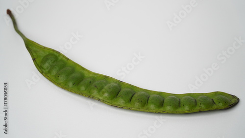 Isolated white one green petai or pete or mlanding (Parkia speciosa) board consisting of several petai pieces.